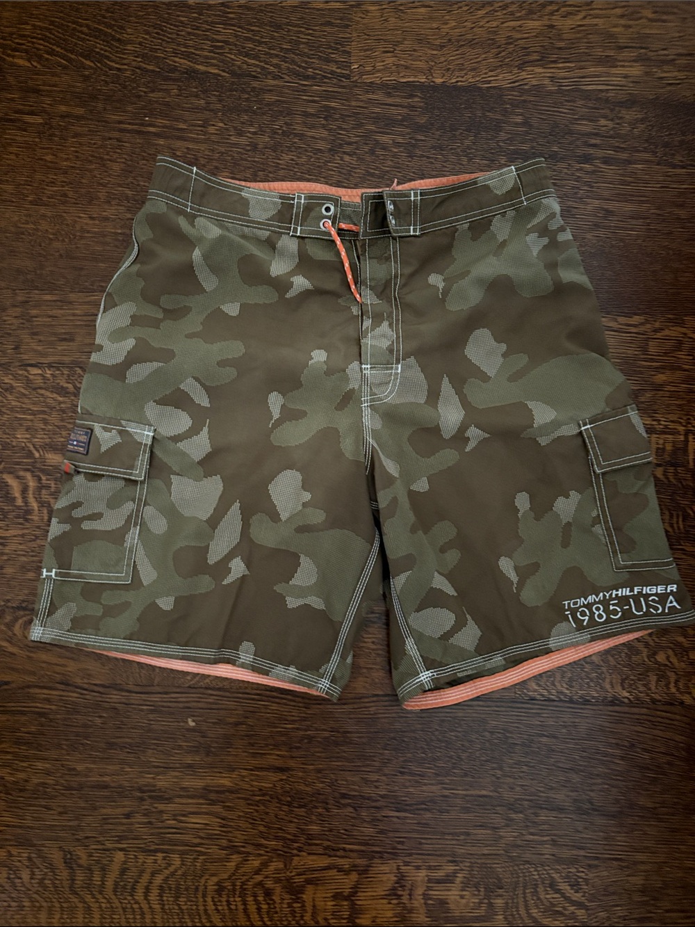 Tommy Hilfiger Men's Olive Camo Cargo Shorts with Orange Trim